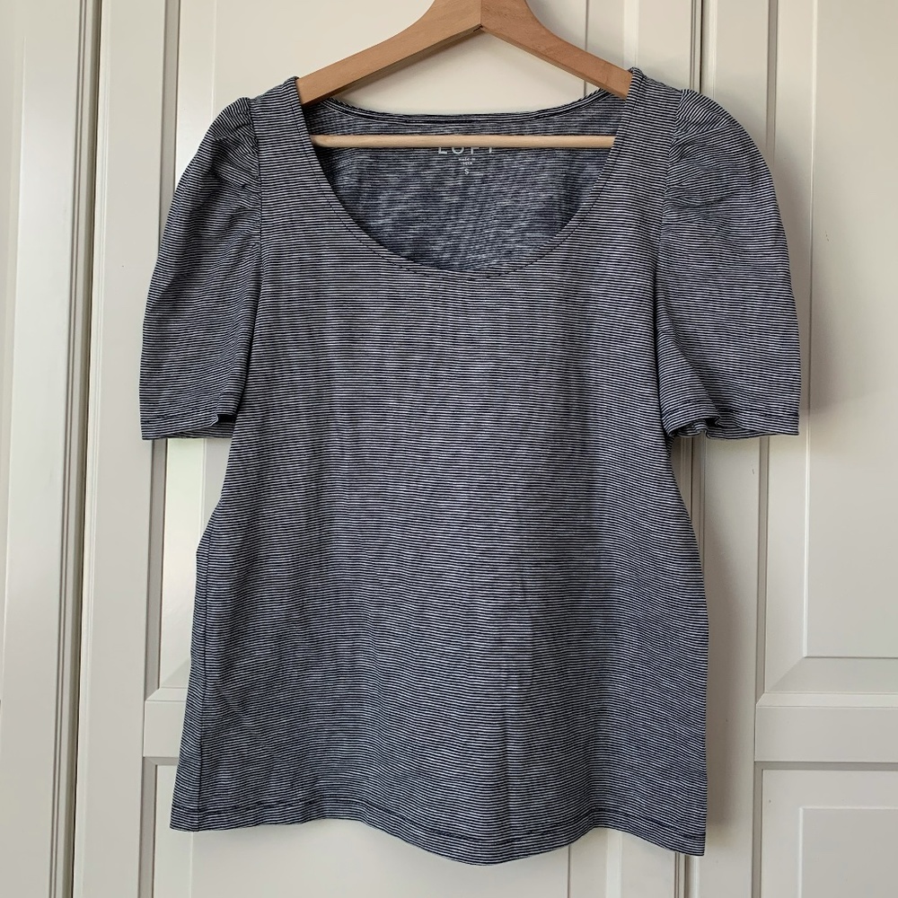 LOFT Balloon Ruffle Sleeve Scoop Neck Women's Black and White Striped Cotton Top